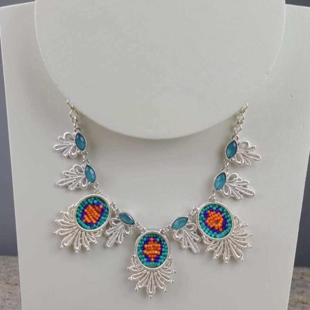 Silver bead Tribal necklace and earrings set